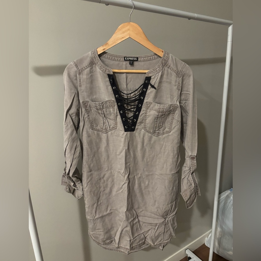 Express Women's Taupe Lace-Up Blouse